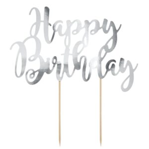 Cake Topper Happy Birthday Zilver